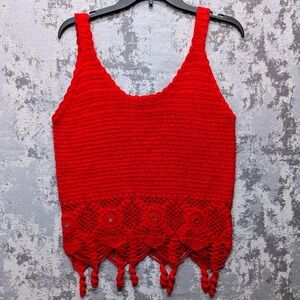 Bangalore Yoga Red Crochet Trim Tasseled Mirror Inserts Tank Top Women Chest 34"